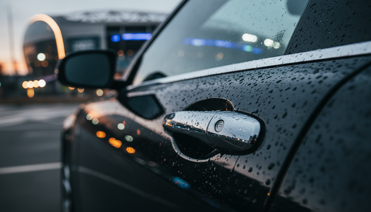 Close-up view of a luxury car door handle beside a stadium entrance.