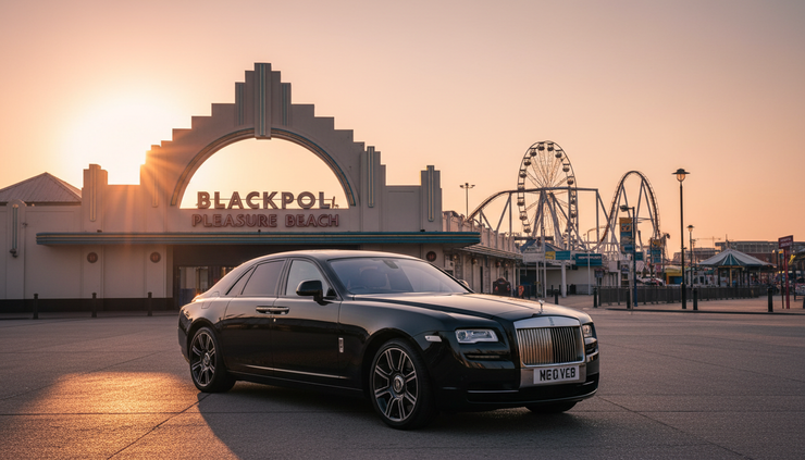 Wide-angle view of a Rolls-Royce Ghost near the entrance to Blackpool Pleasure Beach.