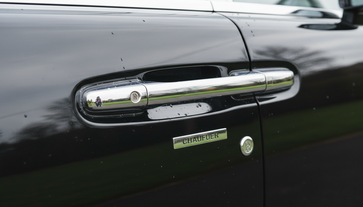 Close-up view of a Rolls-Royce Ghost door handle and polished black paint