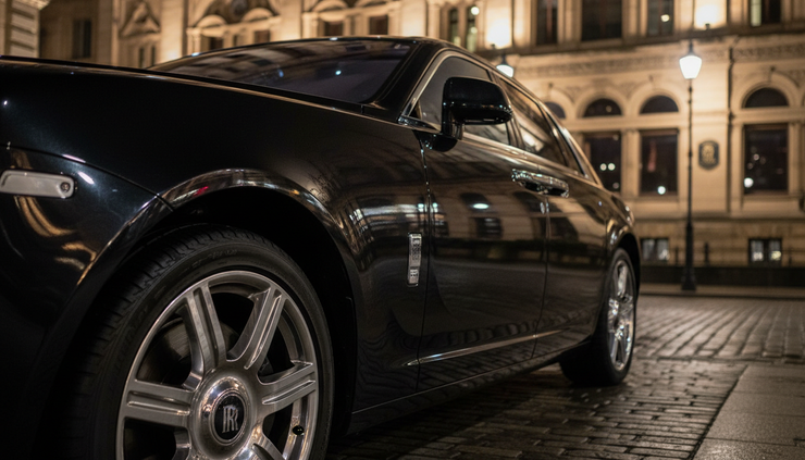 Close-up view of a Rolls-Royce Ghost door and wheel under venue lights
