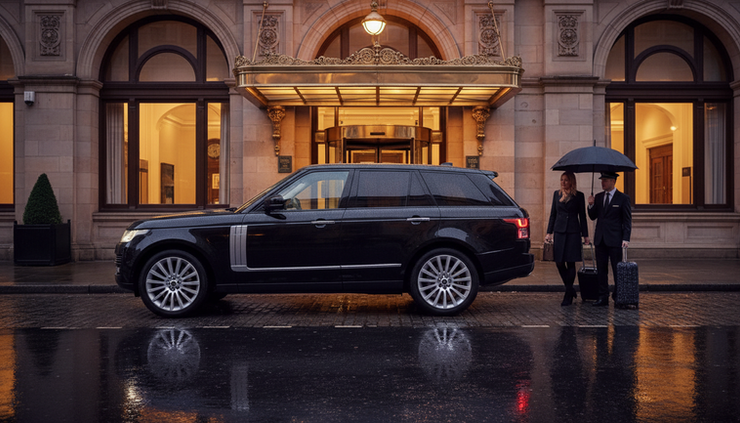 Wide-angle view of a black Range Rover waiting outside a luxury hotel entrance in Manchester