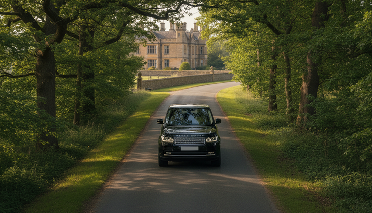 High-angle view of a black Range Rover on a quiet road near a luxury country property