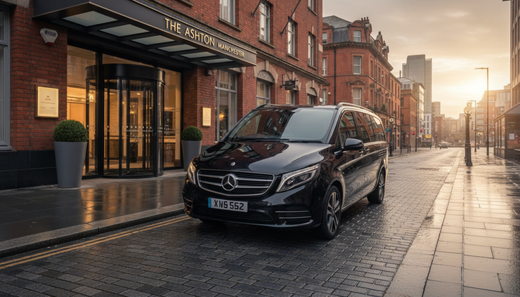 Wide-angle view of a luxury people carrier parked near a quiet hotel entrance.