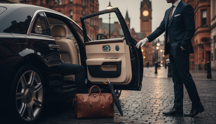 Close-up view of a luxury car door held open beside polished luggage.
