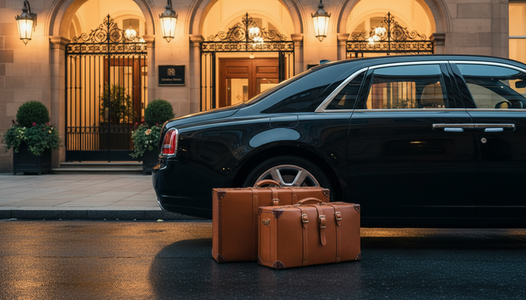 Eye-level view of luxury luggage beside a Rolls-Royce Ghost near The Midland Hotel.
