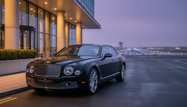 Low-angle view of a Bentley Mulsanne waiting near an airport terminal at dusk.