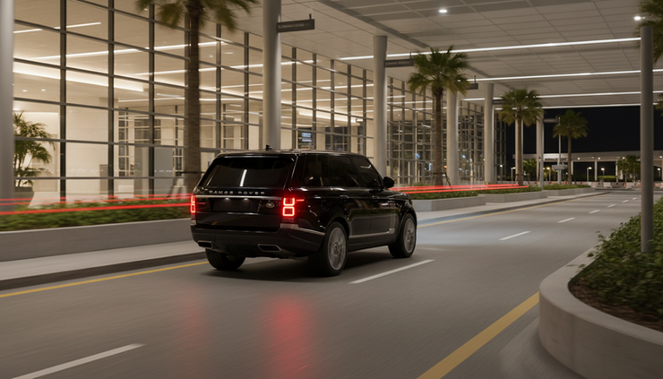 Rear view of a Range Rover leaving a luxury airport drop-off lane at night