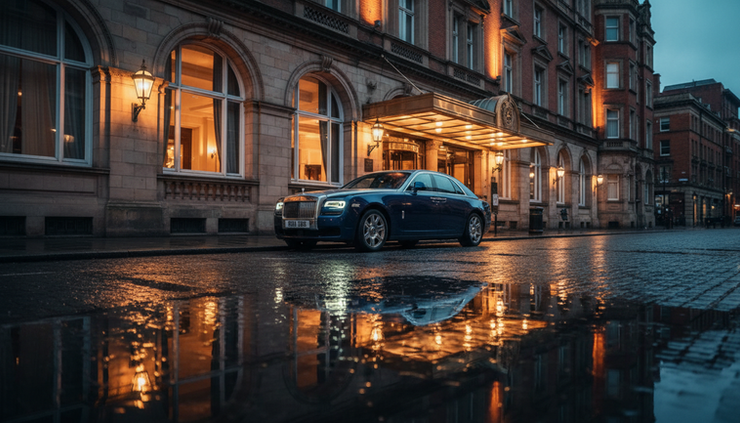 Wide-angle view of a Rolls-Royce Ghost outside a luxury hotel entrance in Manchester.