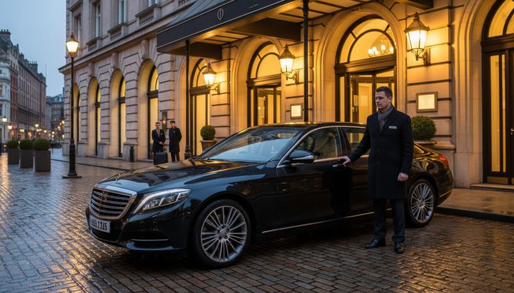 Wide-angle view of a luxury chauffeur vehicle waiting outside a Manchester hotel.