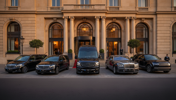 Eye-level view of a luxury vehicle lineup outside a grand hotel entrance.