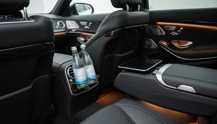Close-up view of bottled water and a clean leather seat inside a luxury chauffeur car
