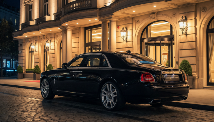 Rear three-quarter view of a Rolls-Royce Ghost outside a grand hotel at night.