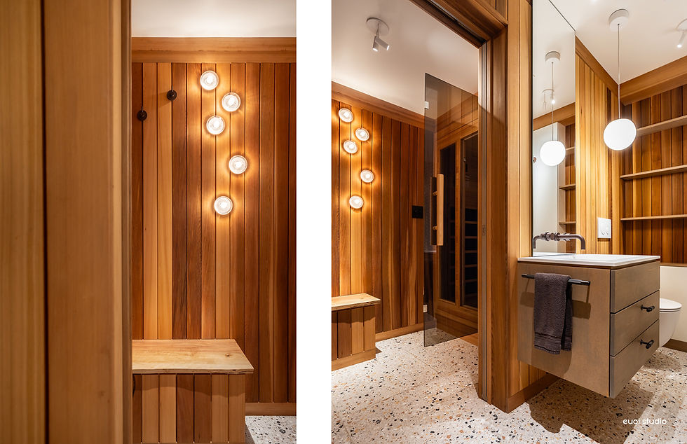 Two photos of a Barry Downs West Coast modern bathroom renovation in Delta, BC, with cedar walls, terrazzo floors, terracotta, and floating vanity.