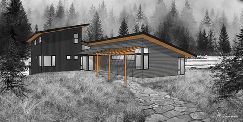 Front entry rendering of modern Pender Island home with mixed siding, stone base, entry pergola, and coastal forest setting.