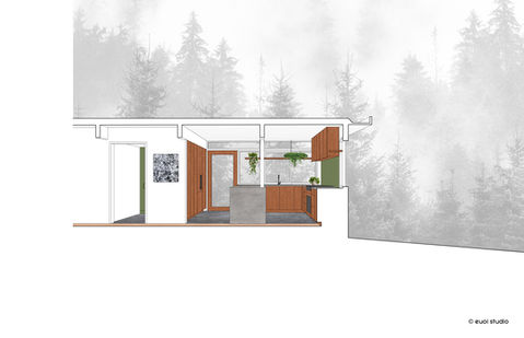 Illustration of kitchen interior with wood cabinetry, green tile backsplash, concrete island, and large windows with forest views.