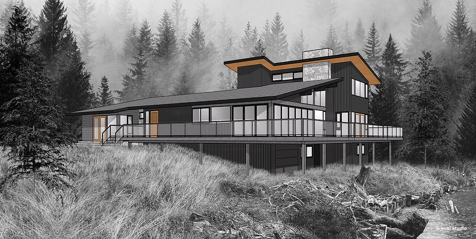 Modern coastal home on Pender Island with black siding, wraparound deck, stone chimney, and forest backdrop.
