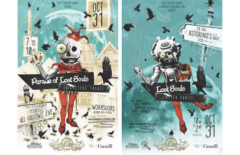 Dual posters for the Parade of Lost Souls and After Party, featuring surreal costumes, crows, and Halloween motifs.