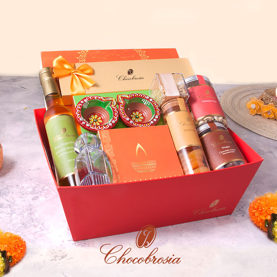 Diwali Gift Hamper with handmade Diwali sweets, Diwali chocolates and Diwali dried fruits