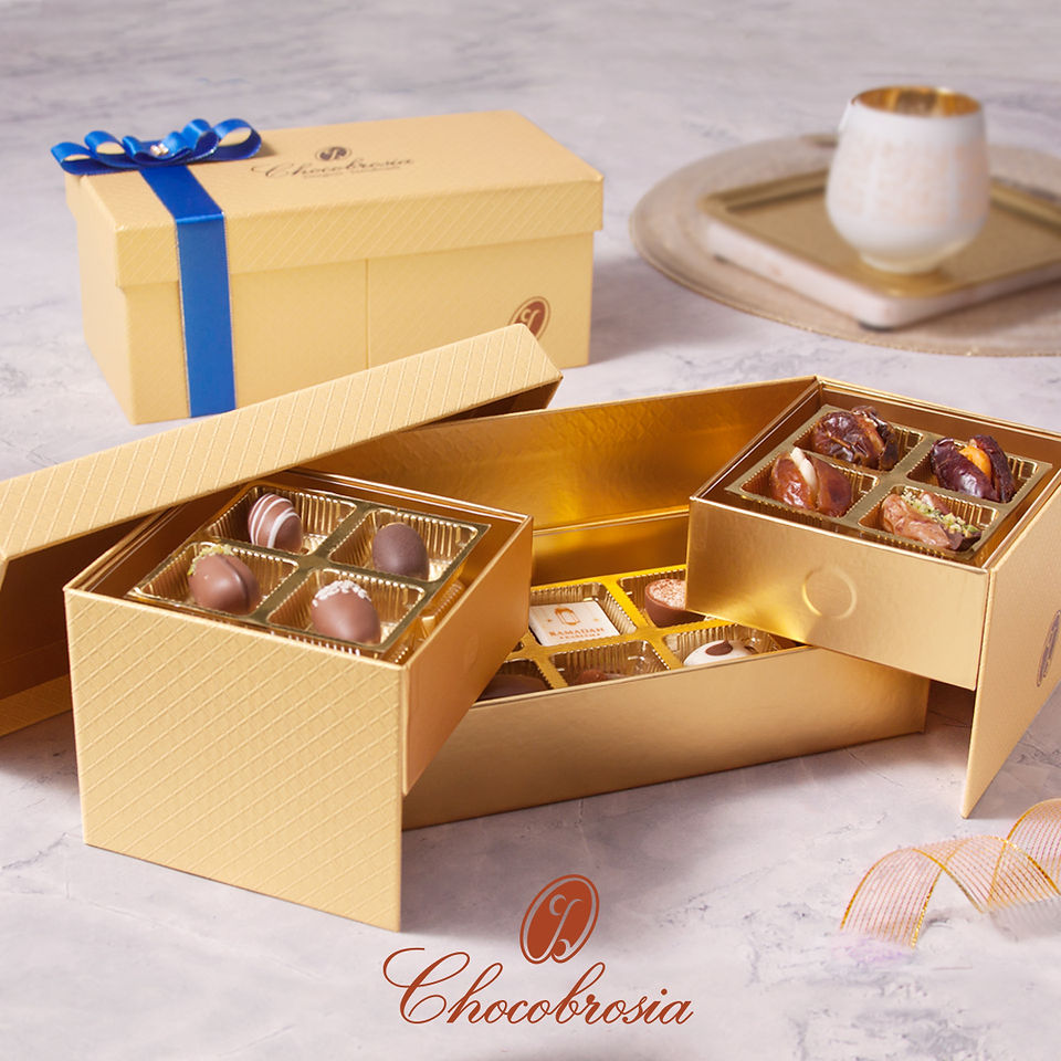 Gold Eid Mubarak Gift with chocolates and date for corporate gifting and personal gifting