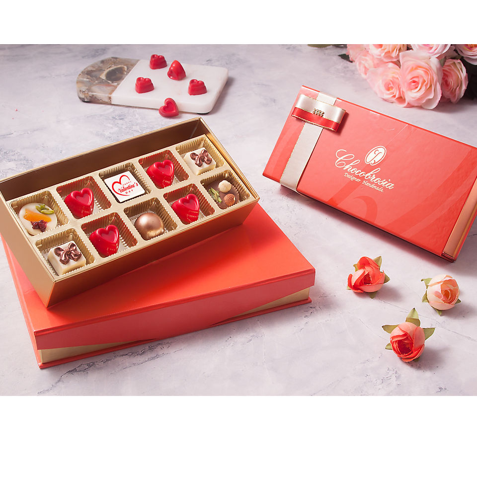 Red Chocolate Gift Box with 10 handmade gourmet chocolates for corporate gifts, personal gifts, Eid Gifts, Diwali Gifts, Christmas Gifts & Chinese New Year Gifts.