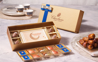 Gold Ramadan Kareem Gift Box with gourmet dates and artisan chocolates
