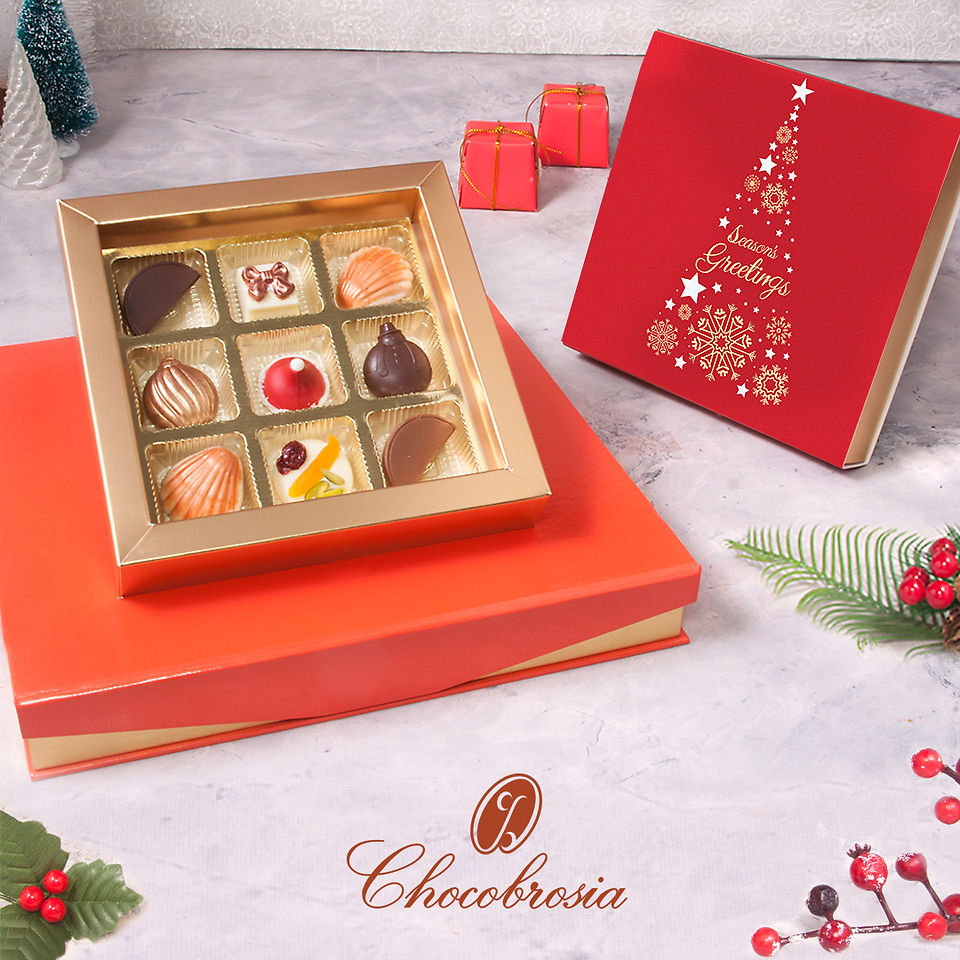 Red Christmas Chocolate Gift Box with 9 customized Christmas chocolates for corporate gifting, personal gifting, and promotional events