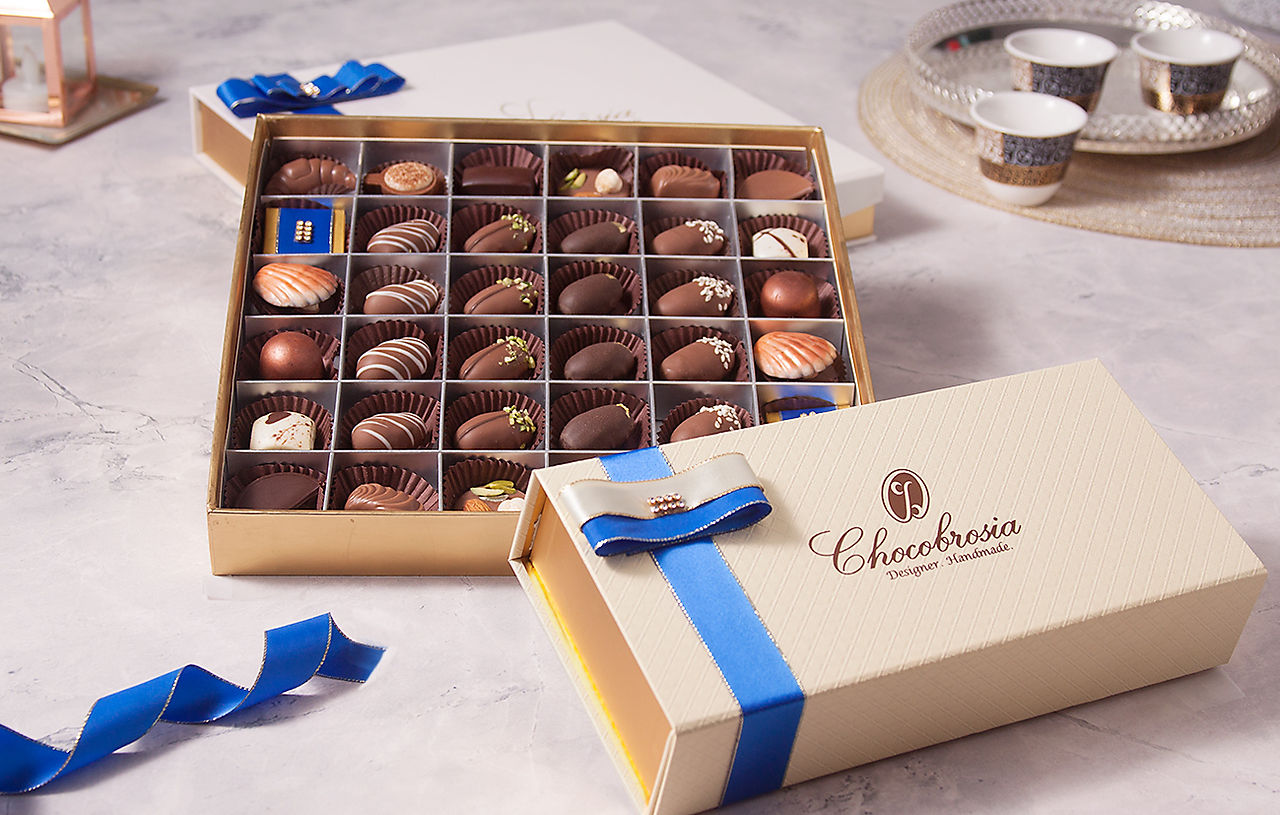 Eid Gift Box with 36 gourmet dates and artisan chocolates for corporate gifting and personal gifting