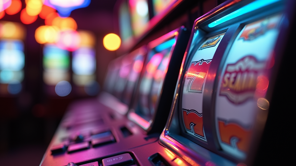 Eye-level view of a colorful slot machine with spinning reels