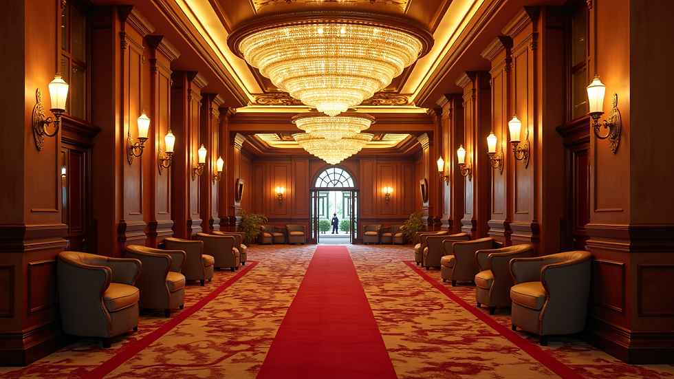 High angle view of a luxurious casino entrance with bright lights