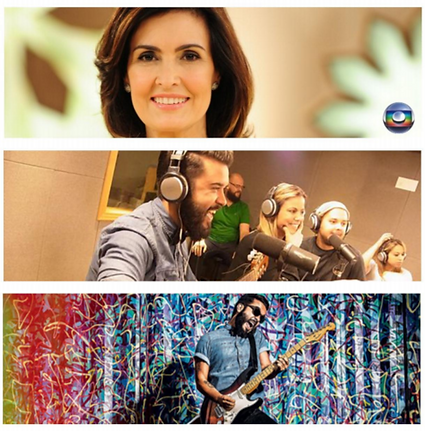 Fátima Bernardes, Tiago Corrêa cantando com sua banda e Tiago Correa segurando uma guitarra.