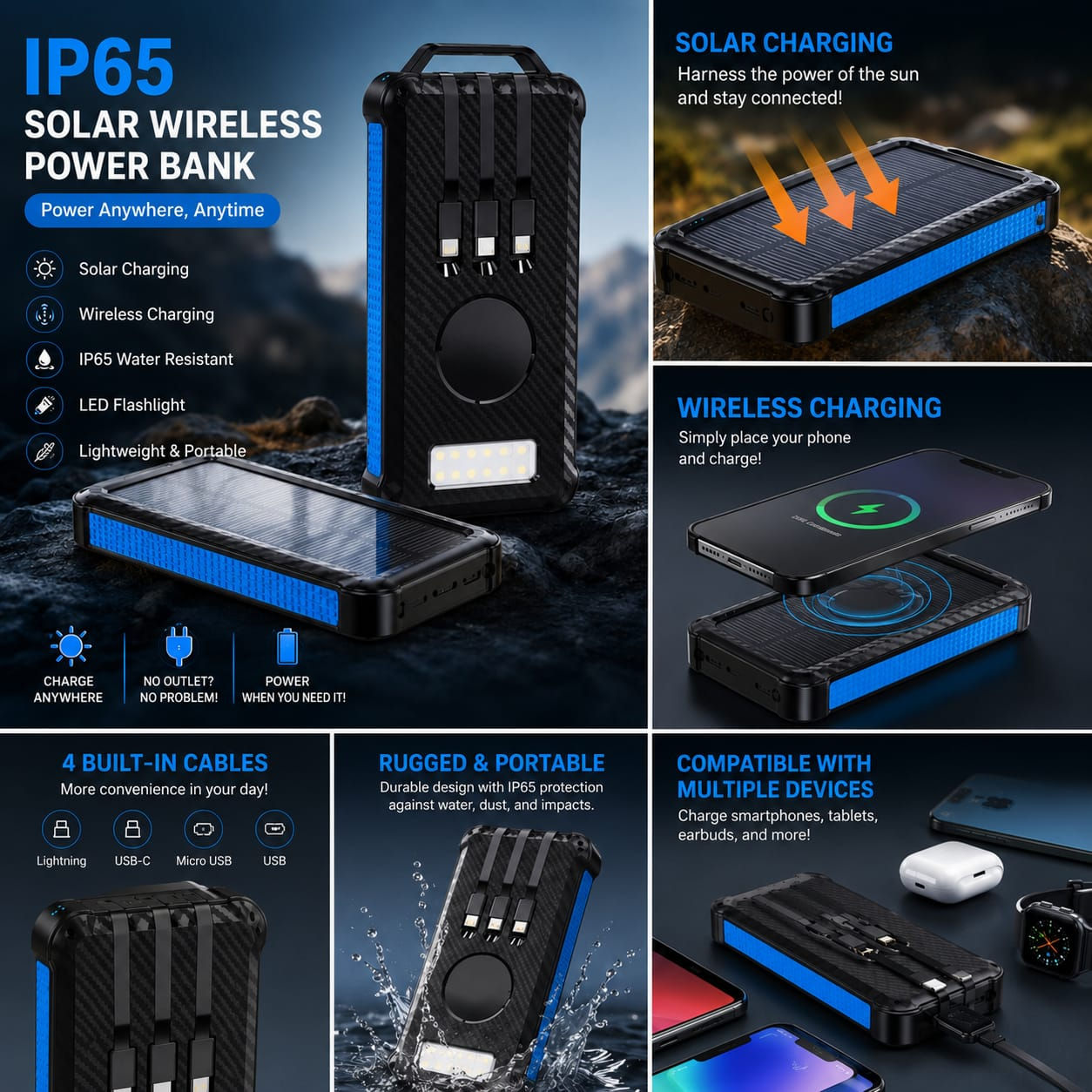 Ip65 Waterproof Portable Wireless Solar Power Bank Panel Charger Solar Powerbank