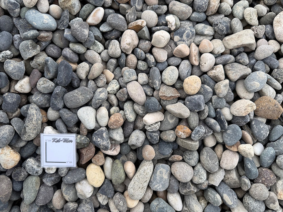 3/4 to 1 inch round river rock with scale showing stone size and rounded washed aggregate texture.