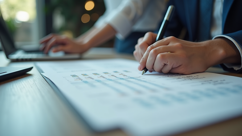 Eye-level view of a person reviewing printed documents on a desk
