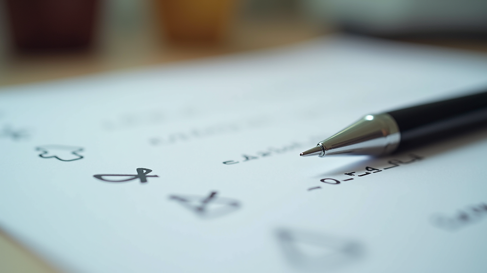 Close-up view of a document with editing marks and a pen