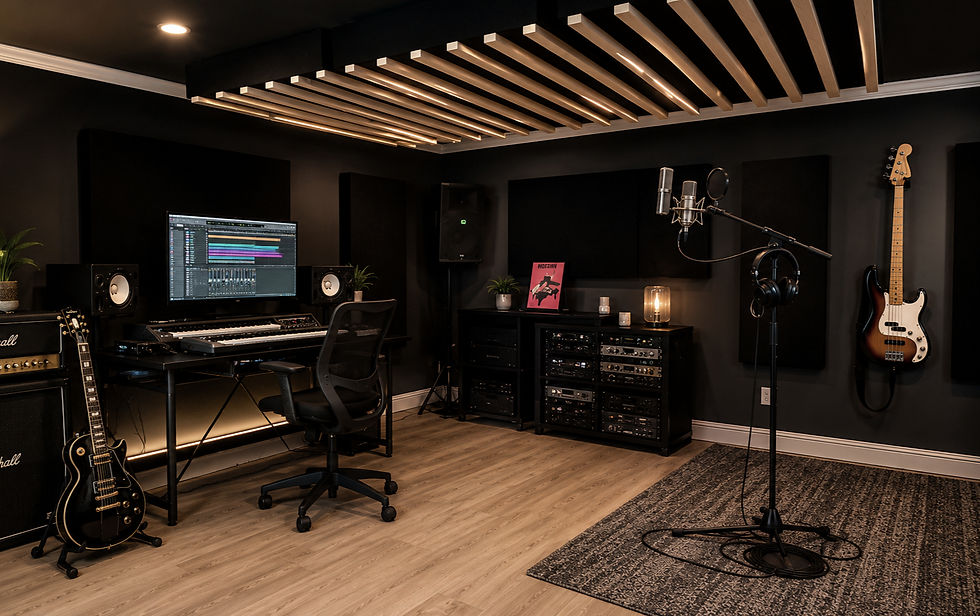 Music production studio in Stony Brook featuring professional recording equipment and rehearsal space for musicians