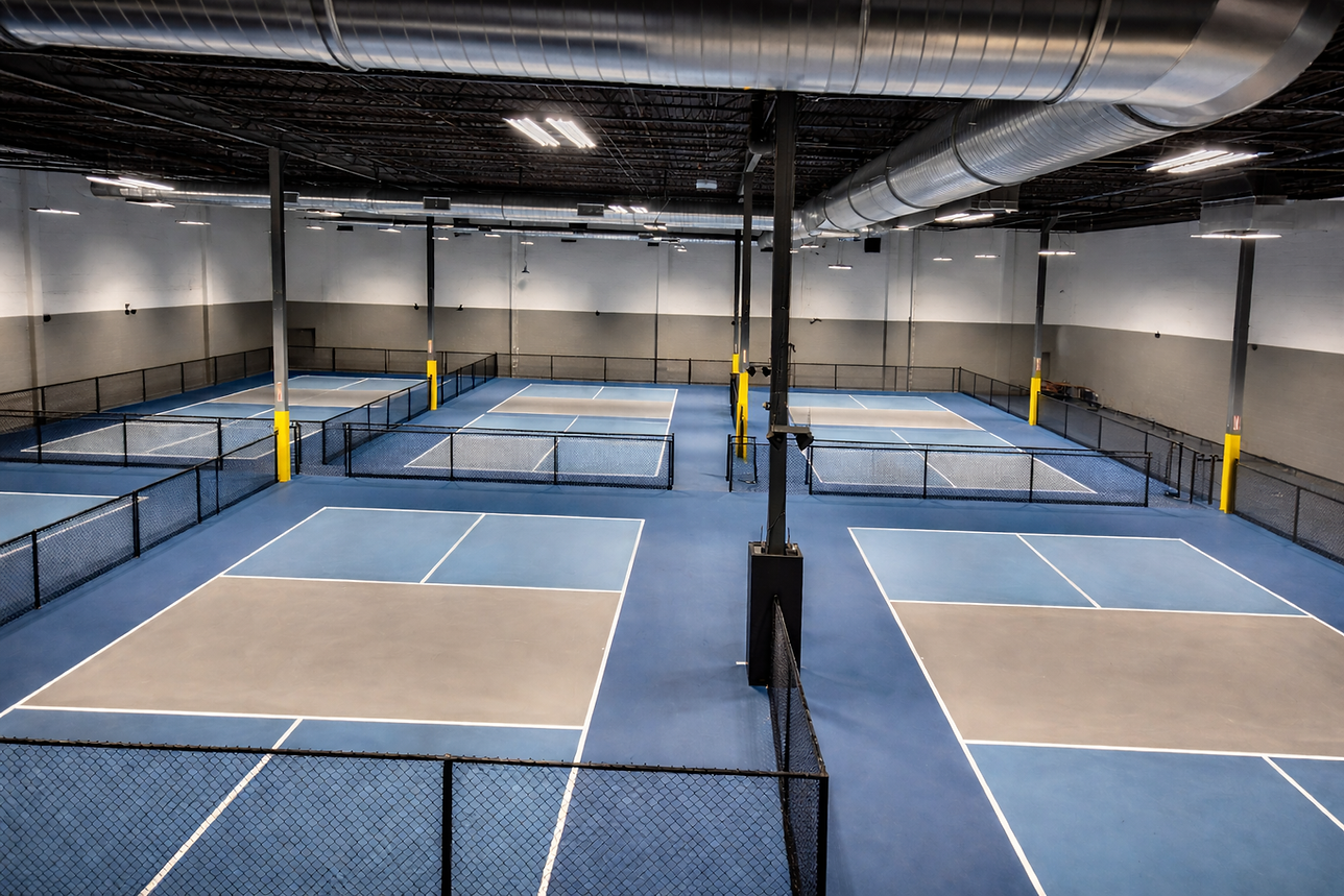 Temperature-controlled indoor pickleball courts at Pickleball Prime LI in Mineola, NY