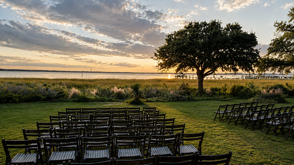 Waterfront wedding ceremony on Long Island featuring beautifully arranged ceremony seating and scenic bay views