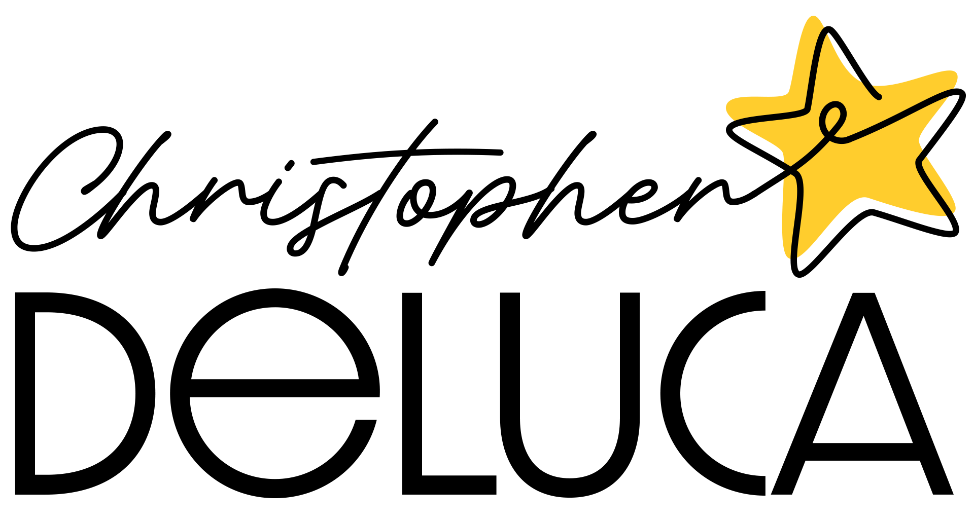Christopher DeLuca Logo with signature style first name and sans-serif style for last name. 