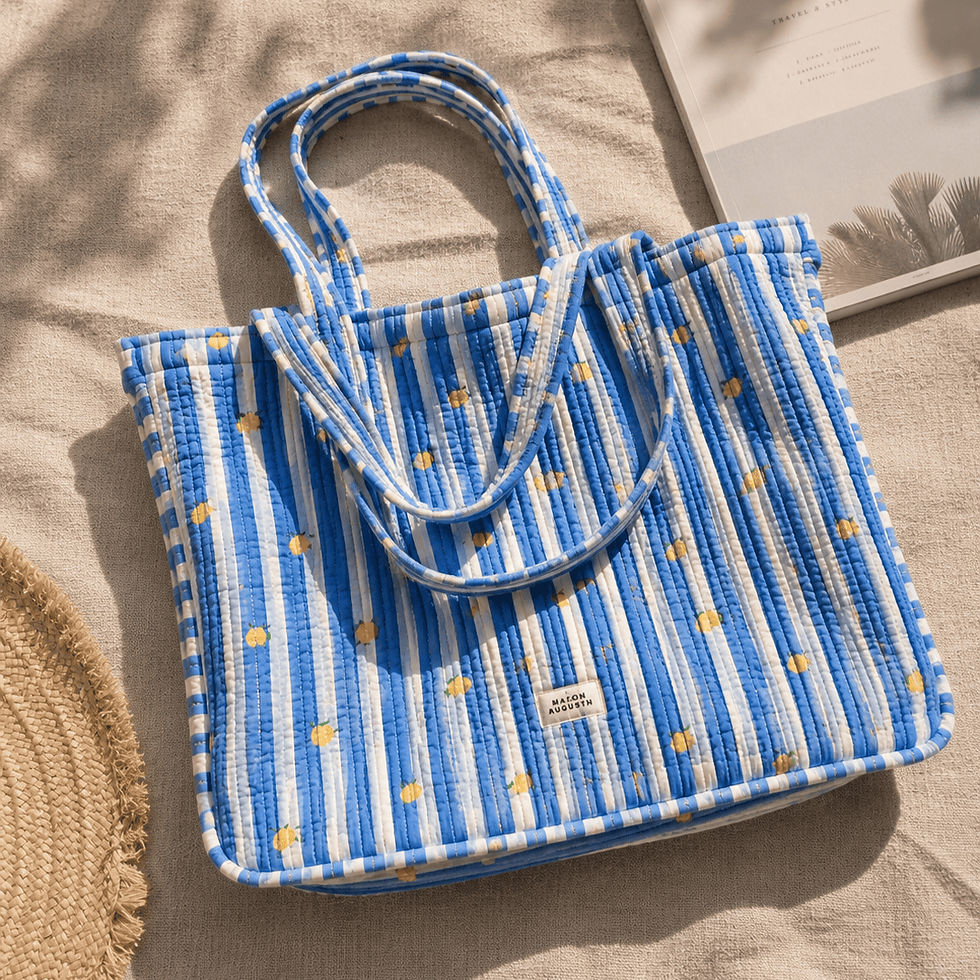 sac cabas à rayure blanche et bleu avec des citrons