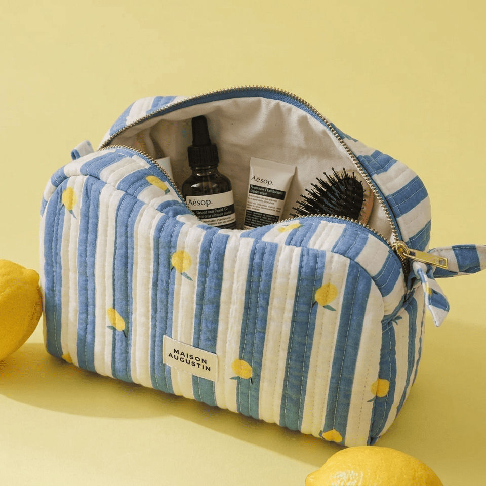 trousse de toilette citron à rayure bleu et blanche