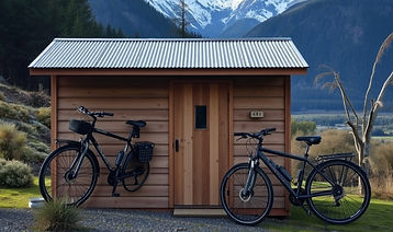 shed cabin with bike rack attached to the building with mountain views of the tararua rang