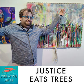 Justice Eats Trees , artist in front of painting