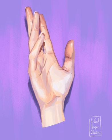 Painting of a white hand against purple background