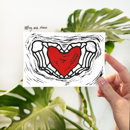 Skeleton Heart Hands Original Block Print | Bug and Moose Co.
