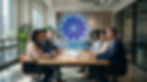 Professionisti in una sala riunioni moderna osservano l'ologramma luminoso di Synkronance, l'innovativa app welltech progettata per ottimizzare il timing decisionale e rivoluzionare la gestione del tempo in azienda.