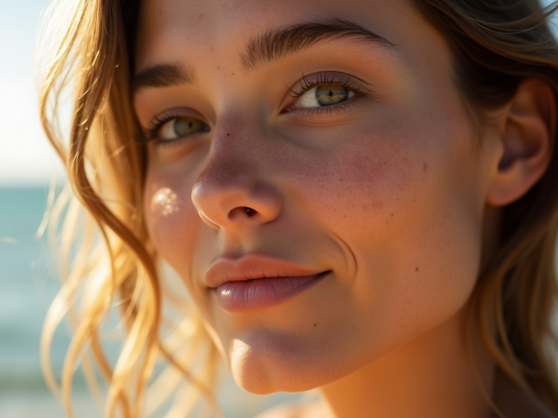 A womans face in the glowing sunlight
