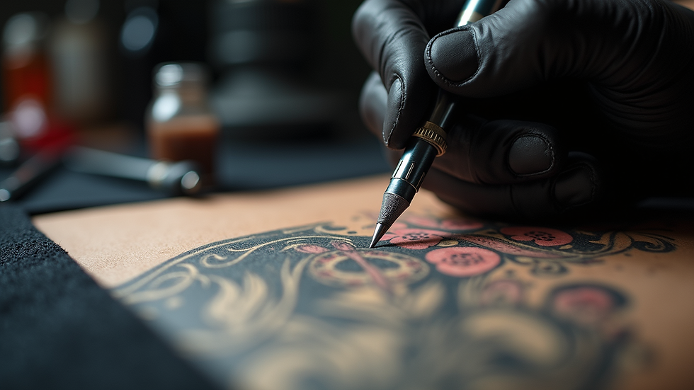 Close-up view of a tattoo artist's workspace with ink and needles