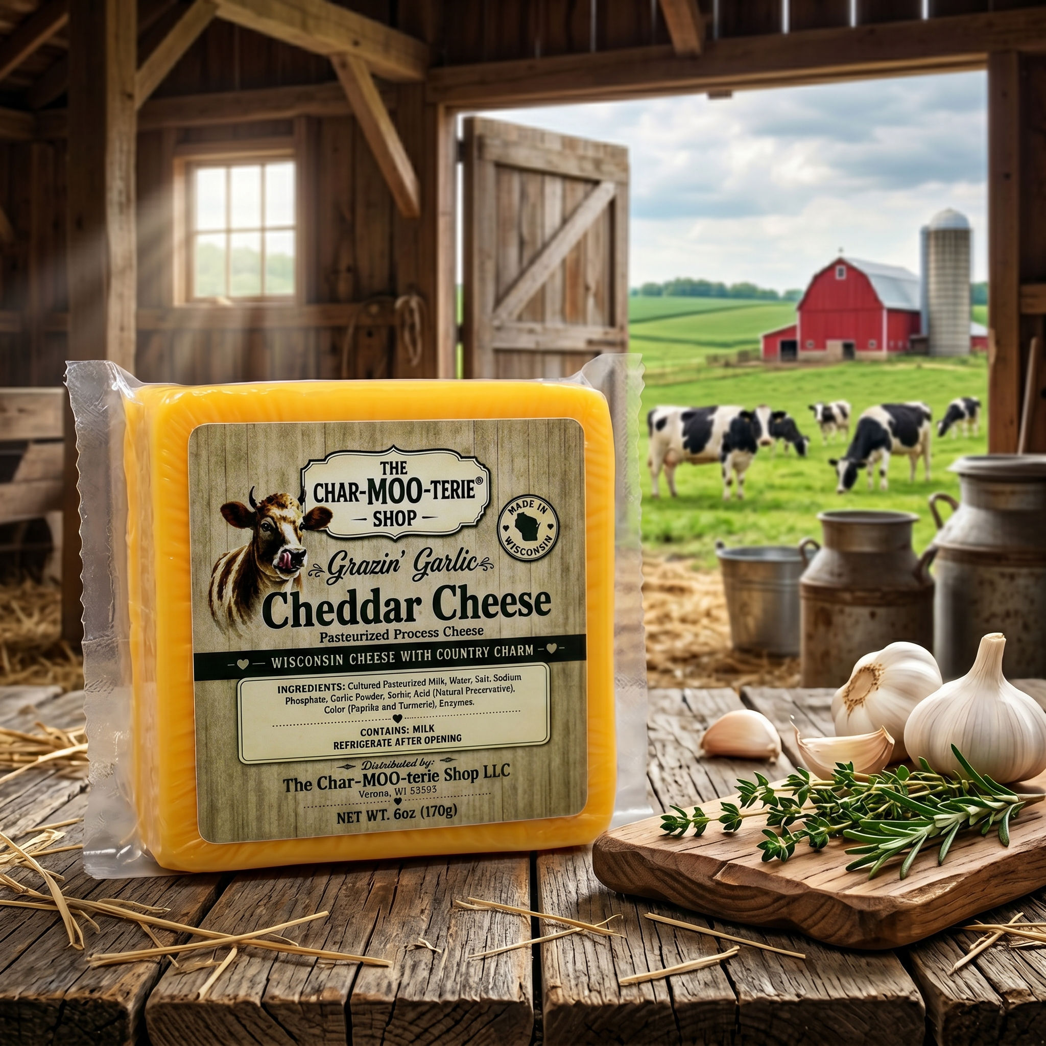 Grazin’ Garlic shelf stable garlic cheddar cheese in a Wisconsin farm setting