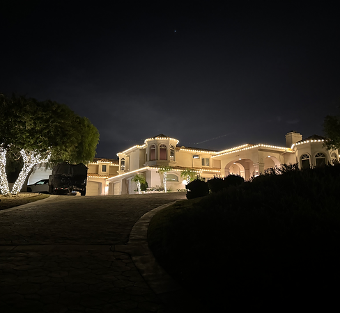 Large estate holiday lighting installation showing coordinated commercial-scale display