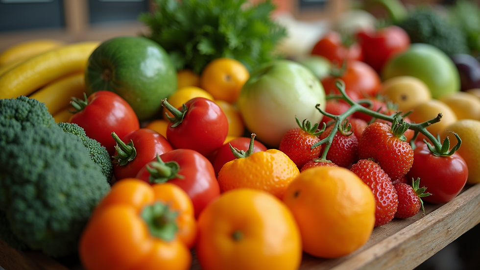 High angle view of a vibrant assortment of fresh fruits and vegetables